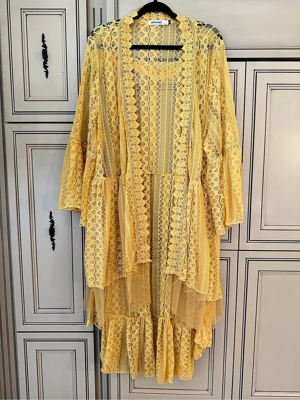 NWT Origami by Vivien Crochet Lace Tiered Maxi Duster Jacket Cardigan Dress Boho